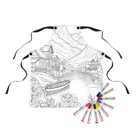 Detailed mountain lake scene art apron with houses, canoe, and foliage