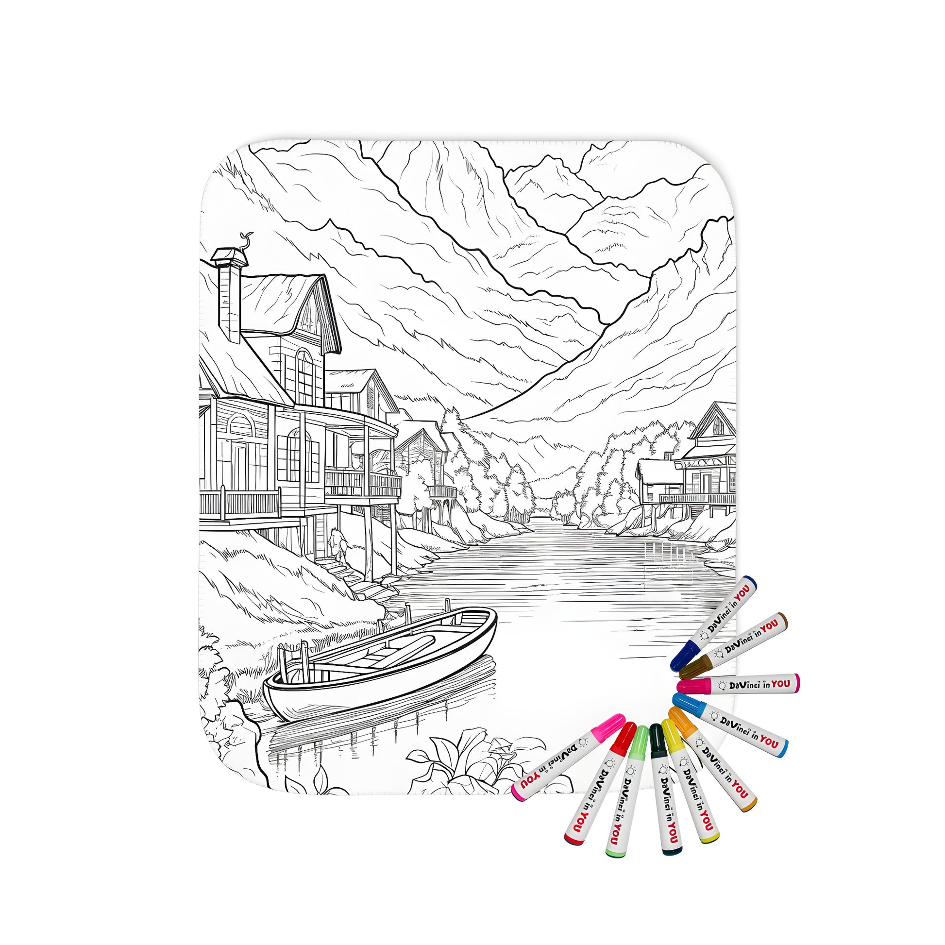 Serene lake scene blanket with a detailed drawing of mountains, houses, boats, and lush vegetation. Soft and cozy throw blanket for adults.