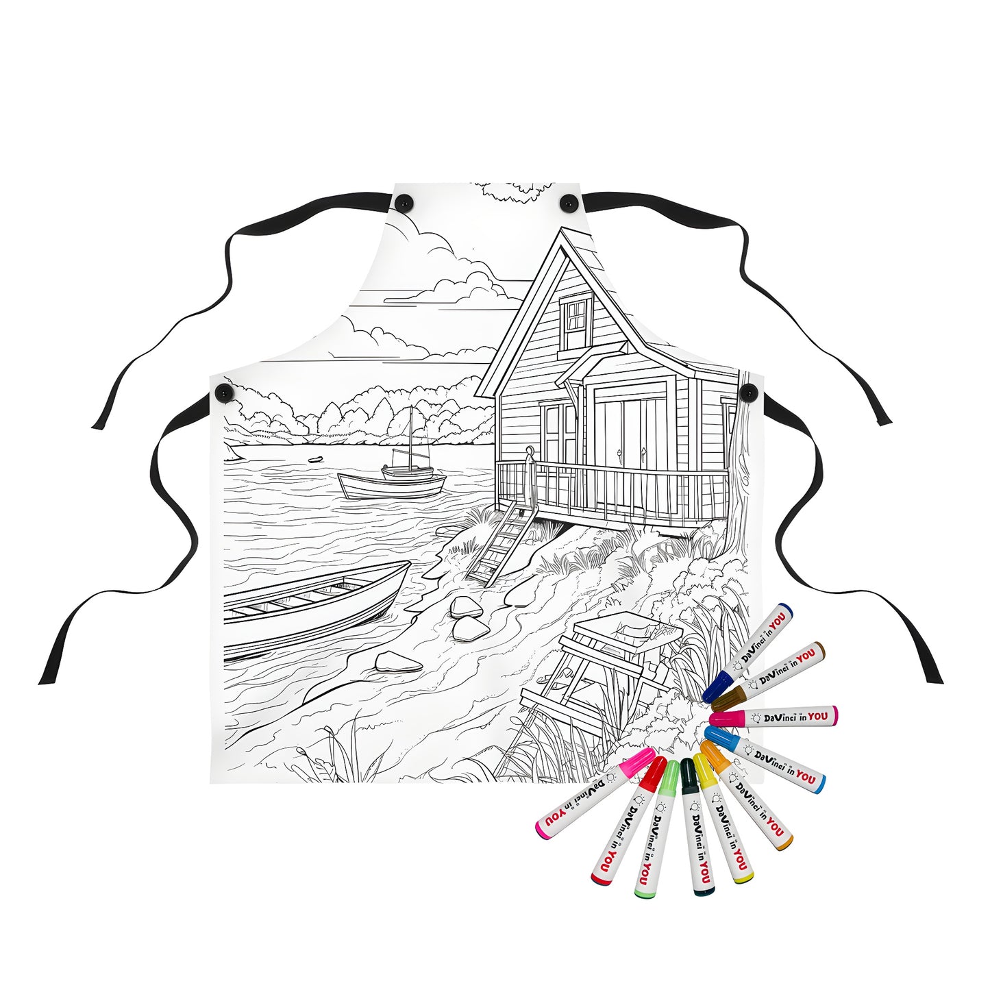 Apron with serene waterway scene featuring lake house, boats, and nature