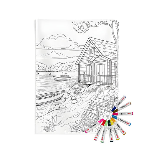 Lake House, Cabin, Waterfront home wall tapestries with detailed coloring page illustration of boats and nature