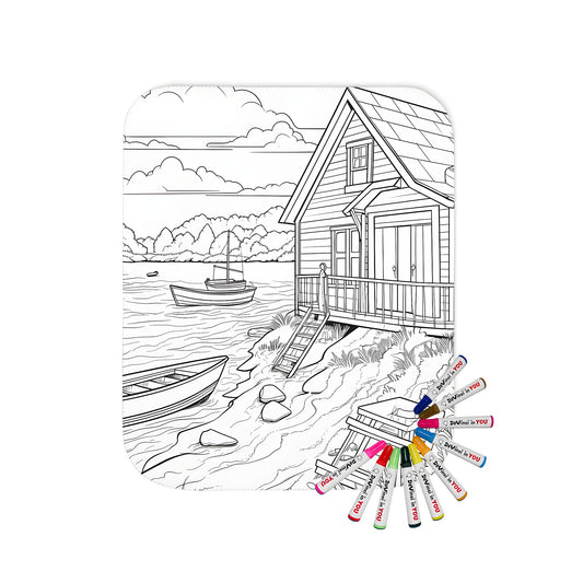 Cozy blanket with lake resort illustration featuring boats on water and scenic woods