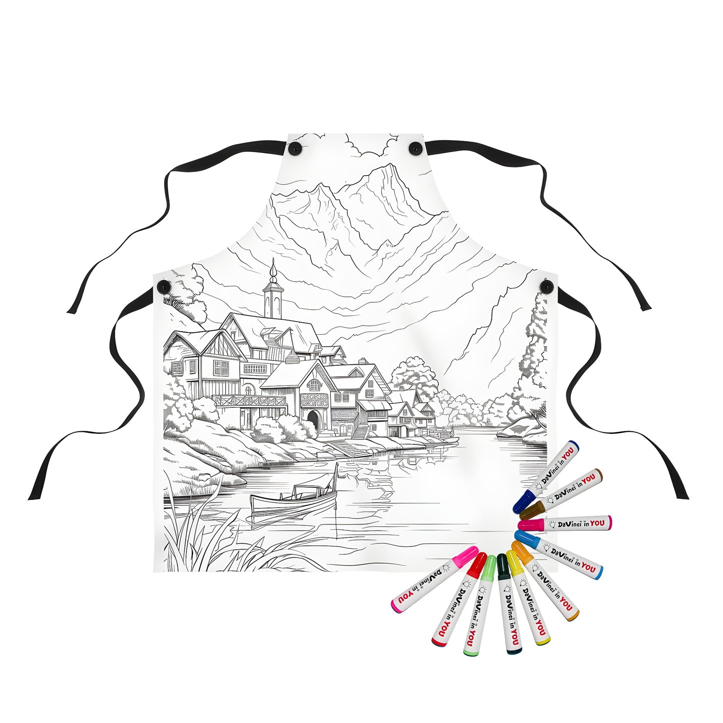 Apron with a peaceful mountain village design, featuring a serene lake, houses, and a church