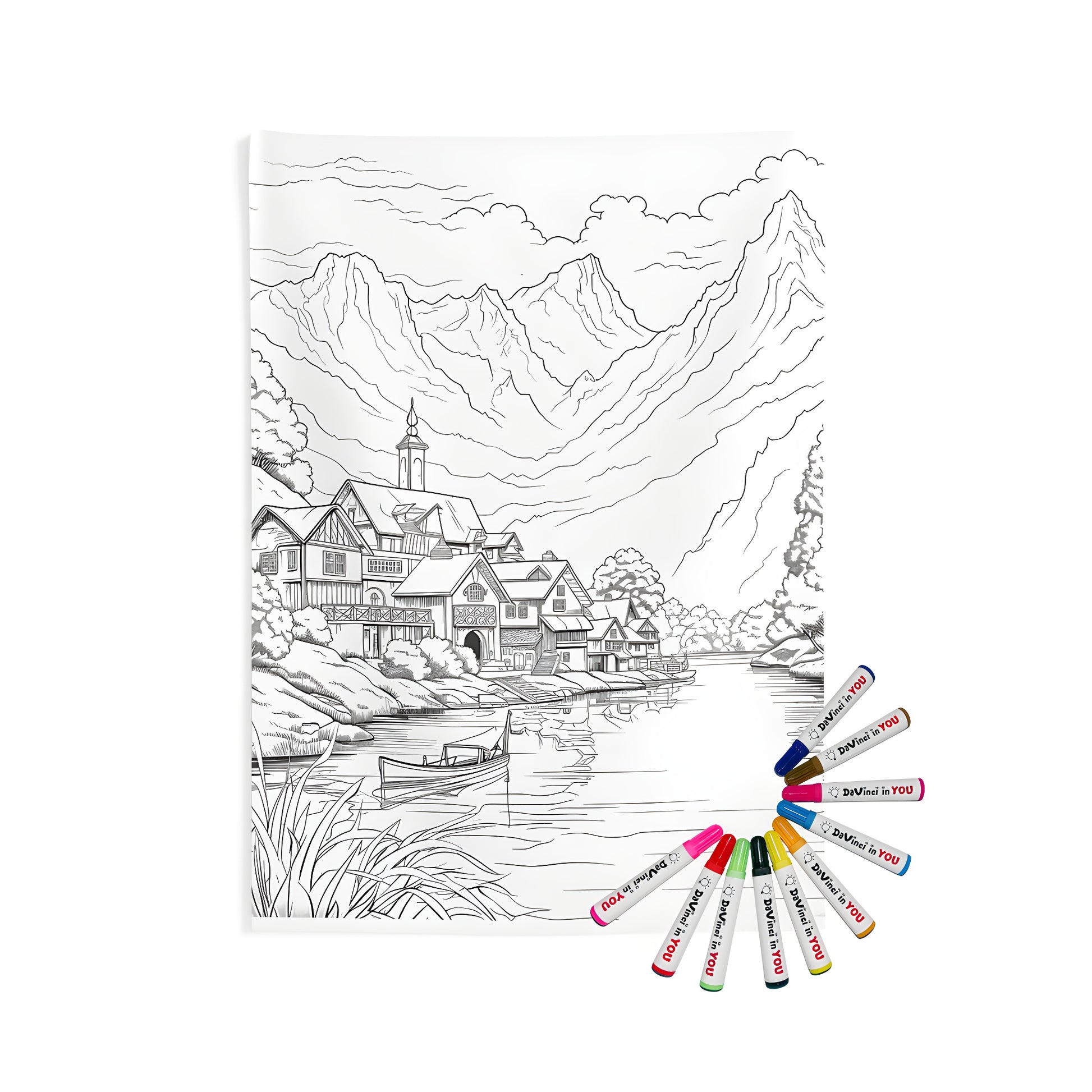 Peaceful mountain scene indoor wall tapestry design with village illustration