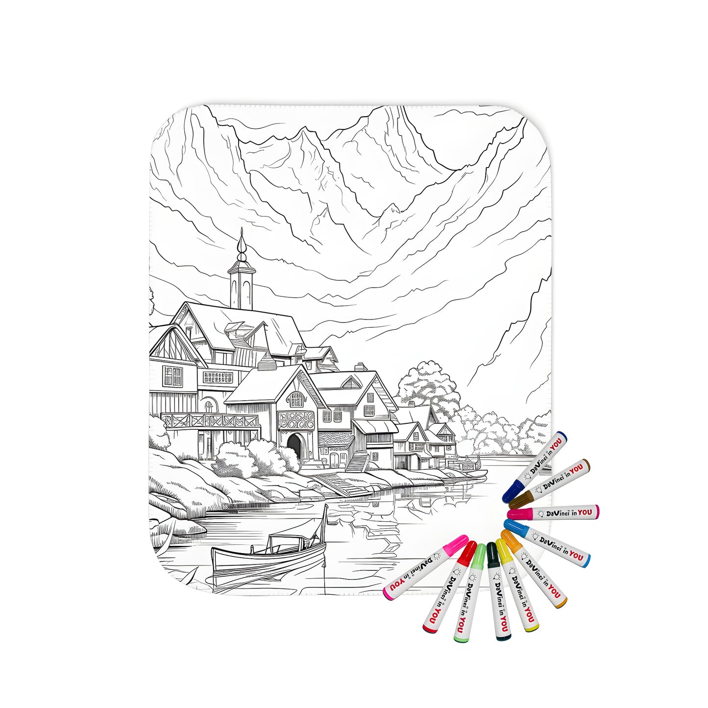 Cozy blanket with a beautiful mountain village print, featuring a serene landscape with houses, church, and boat on lake