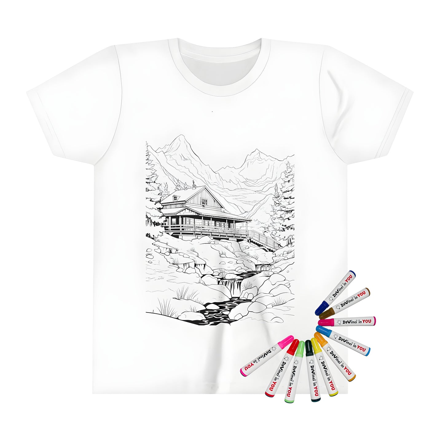 Coloring kit for kids with a detailed cabin illustration, mountain landscape, stream and trees on a t-shirt