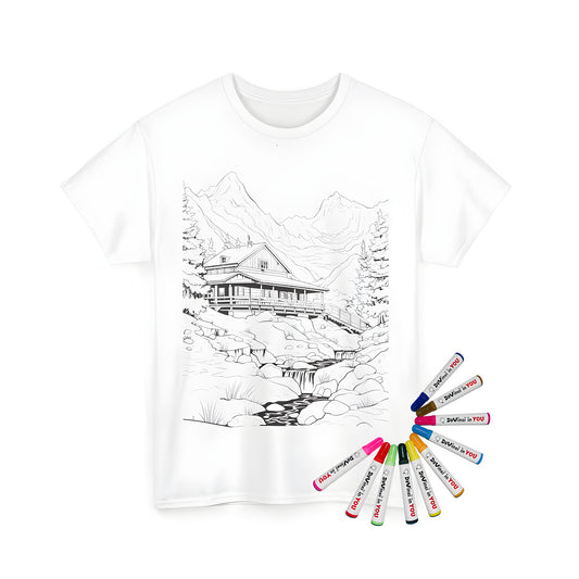 Cozy log cabin illustration t-shirt for men and women, mountain retreat design featuring a serene stream and lush forest