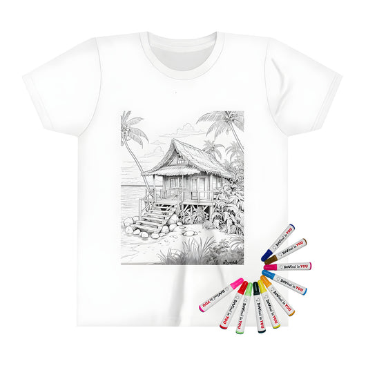 Tropical beach hut coloring page on kids' t-shirt, palm trees, ocean scene, kid-friendly art