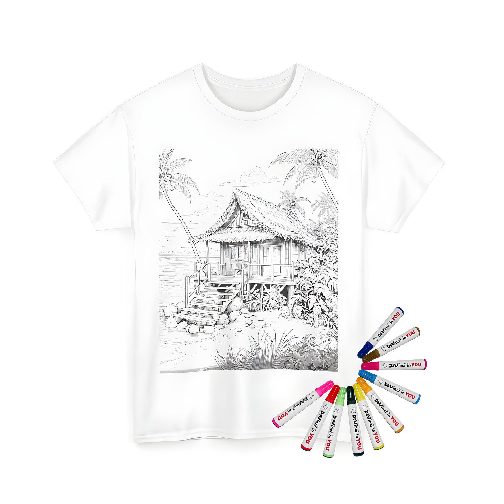 Unisex t-shirt with colorful tropical beach hut design, featuring palm trees and ocean views