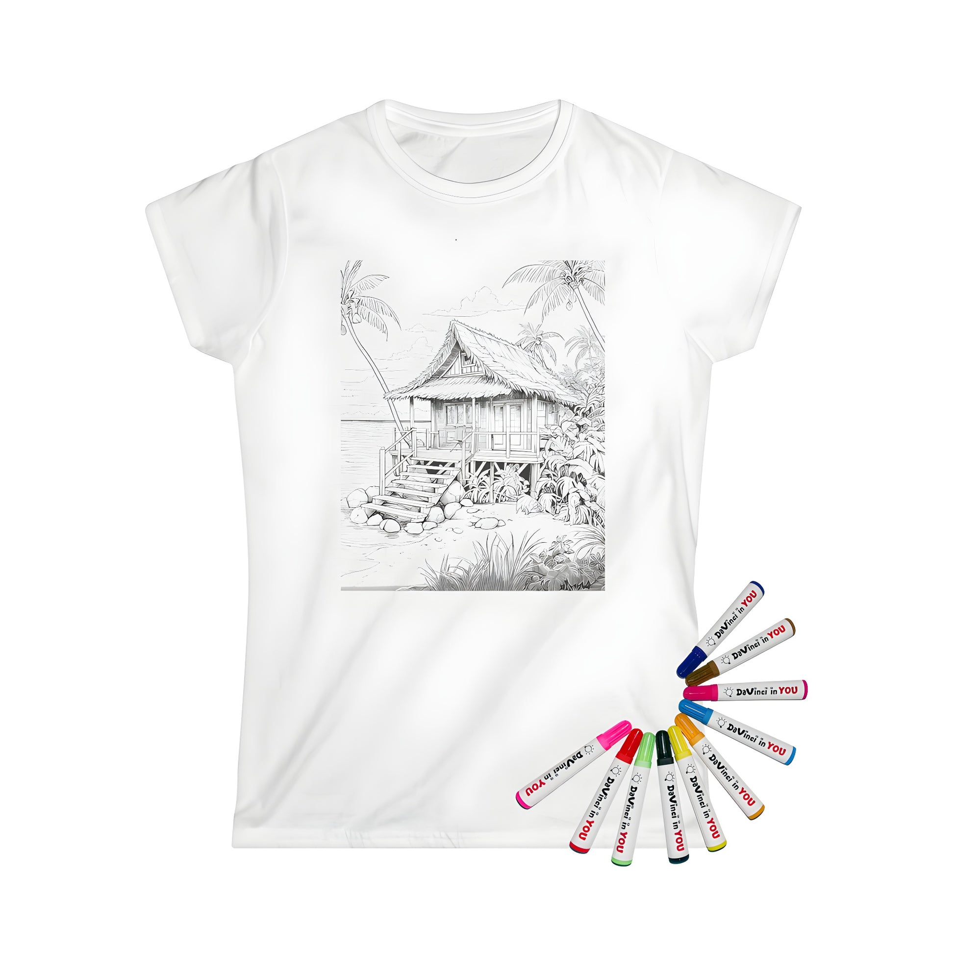 Coloring T-shirt of a tropical hut surrounded by palm trees and ocean view with lush vegetation and rocks