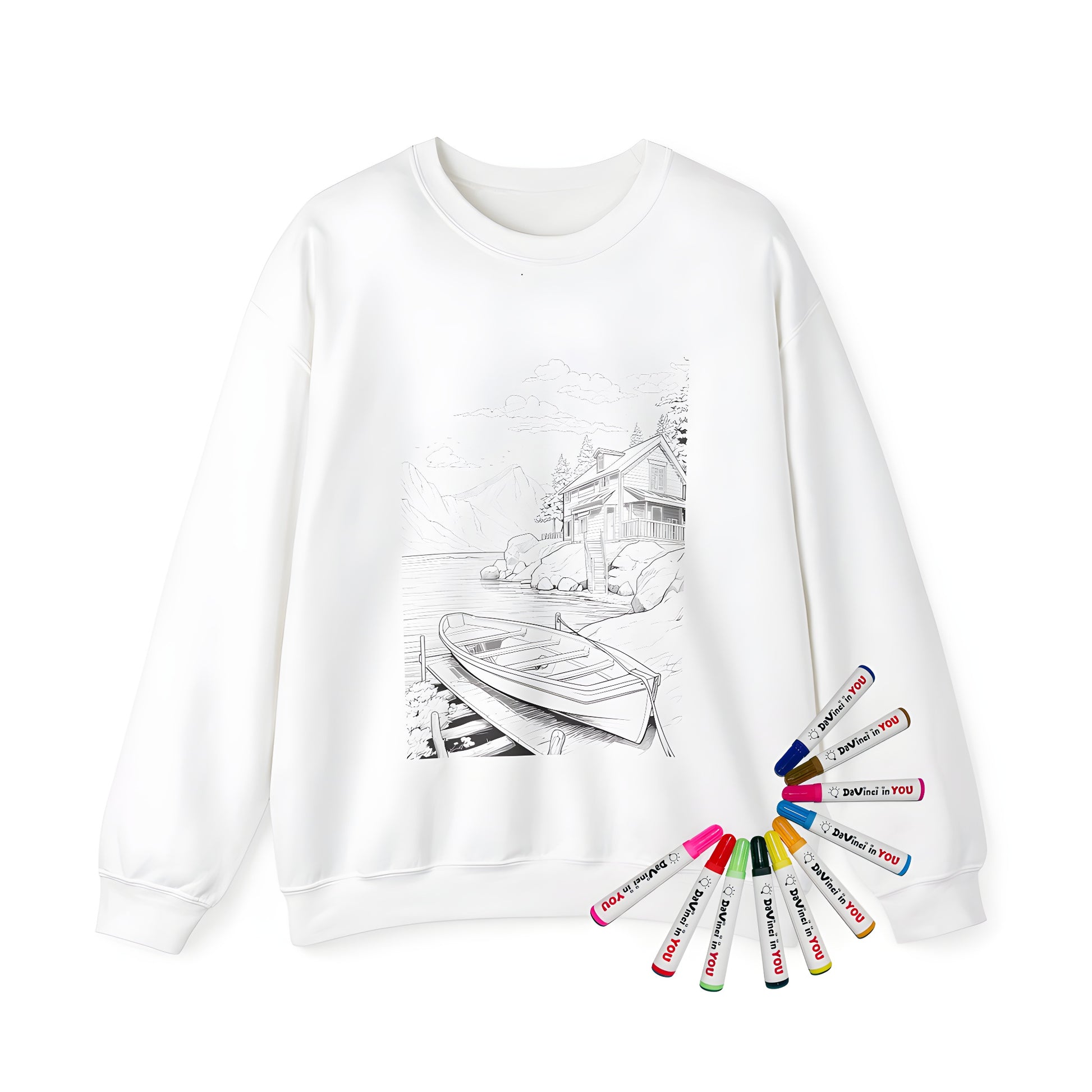 Adult sweatshirt featuring a detailed lakeside scene design with a house on the shore, a boat on a dock, and mountains in the background.