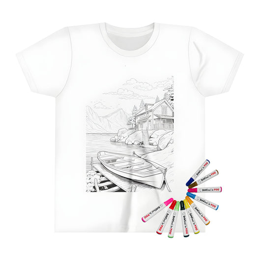 Kid's Lakeside Scene T-Shirt, Waterfront Cottage Style Apparel for Kids, Shoreline Boat Dock