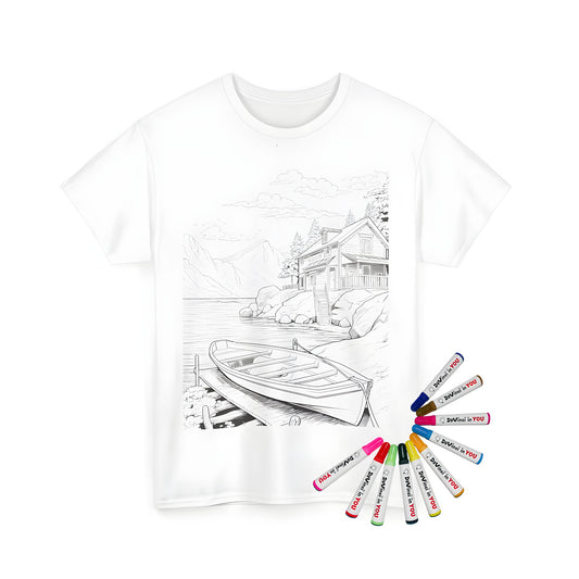 Unisex T-shirt featuring a detailed lakeside scene with a house on the shore, boat dock, and mountains in the background