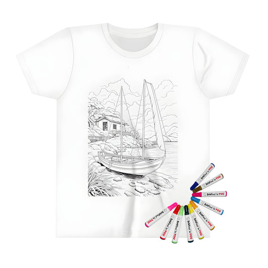 Kid's t-shirt with a house by the river coloring page design featuring a sailboat docked on the shore and lush surroundings