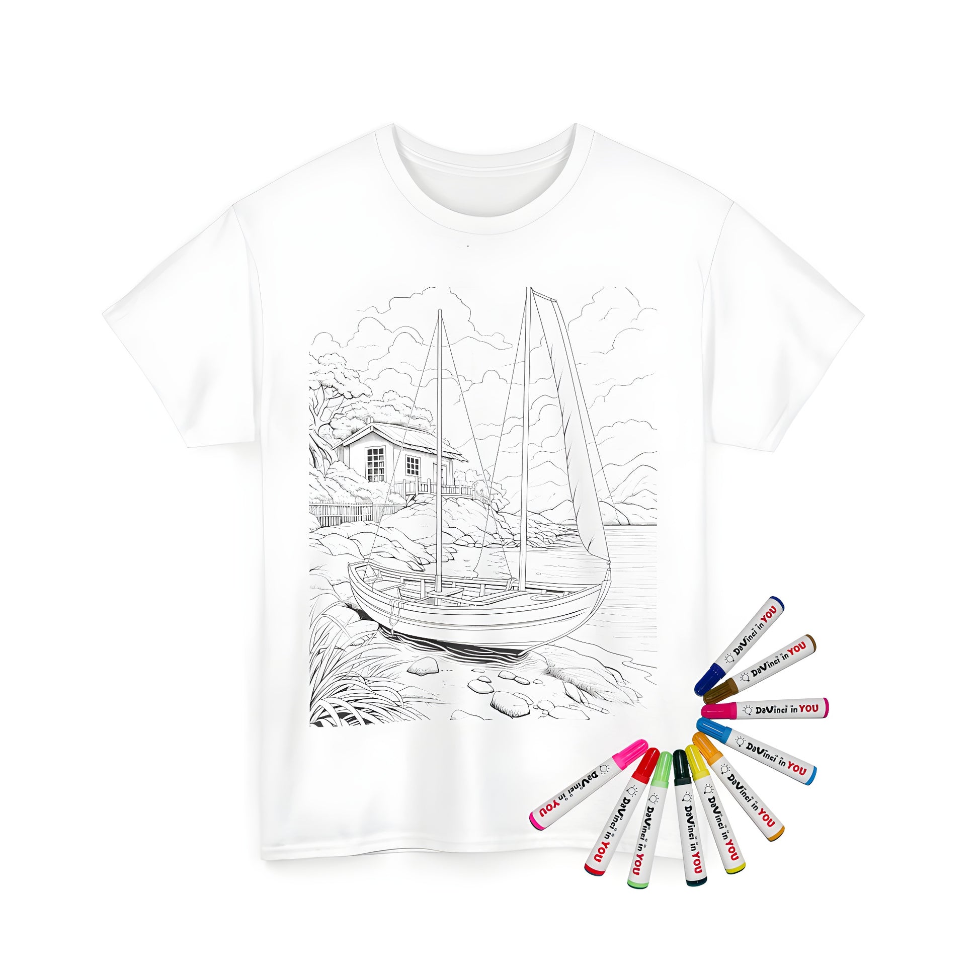 A detailed drawing of a house by the river with a docked sailboat and lush surroundings on a unisex t-shirt