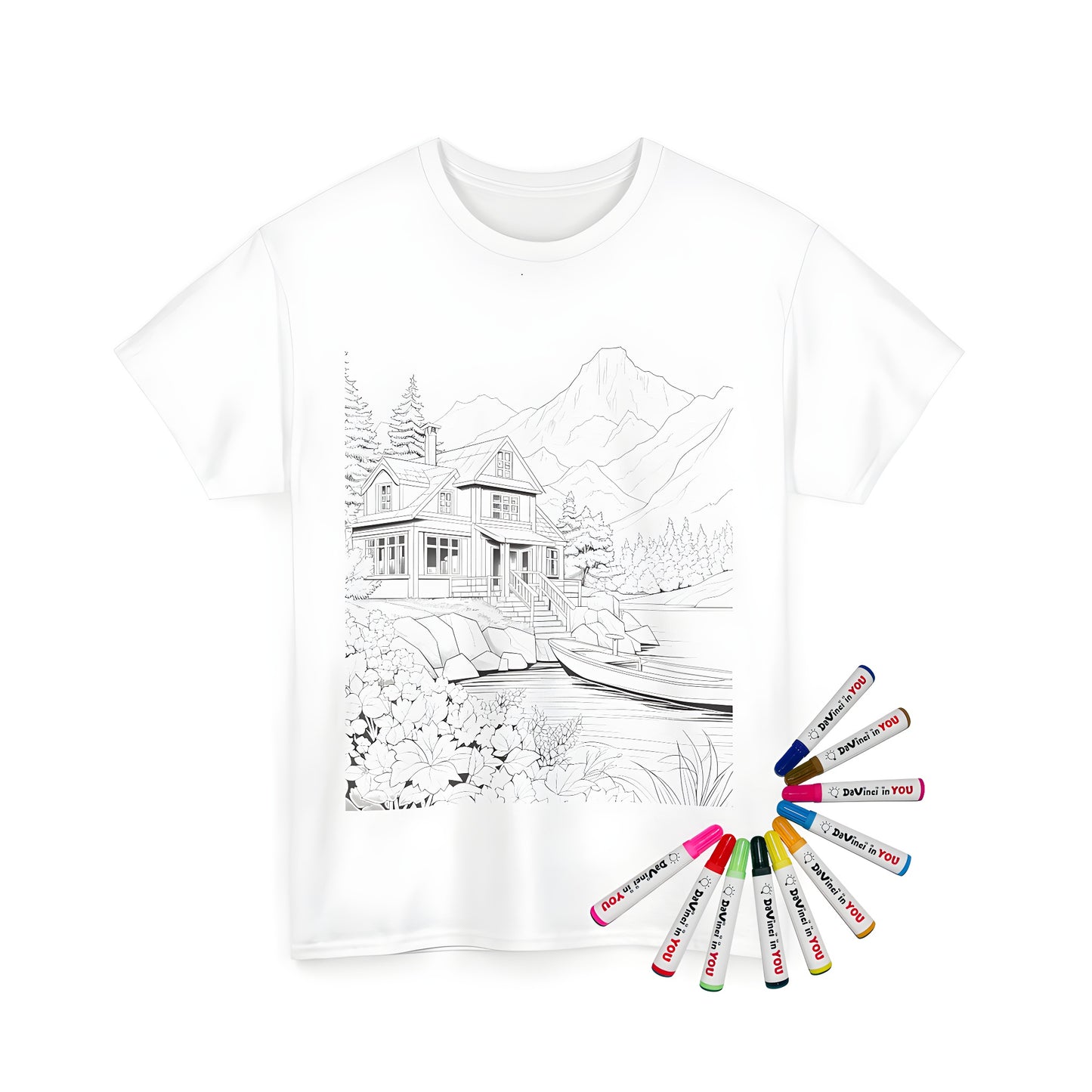 Unisex t-shirt with detailed house coloring page design near a lake, surrounded by flowers, trees, and mountains