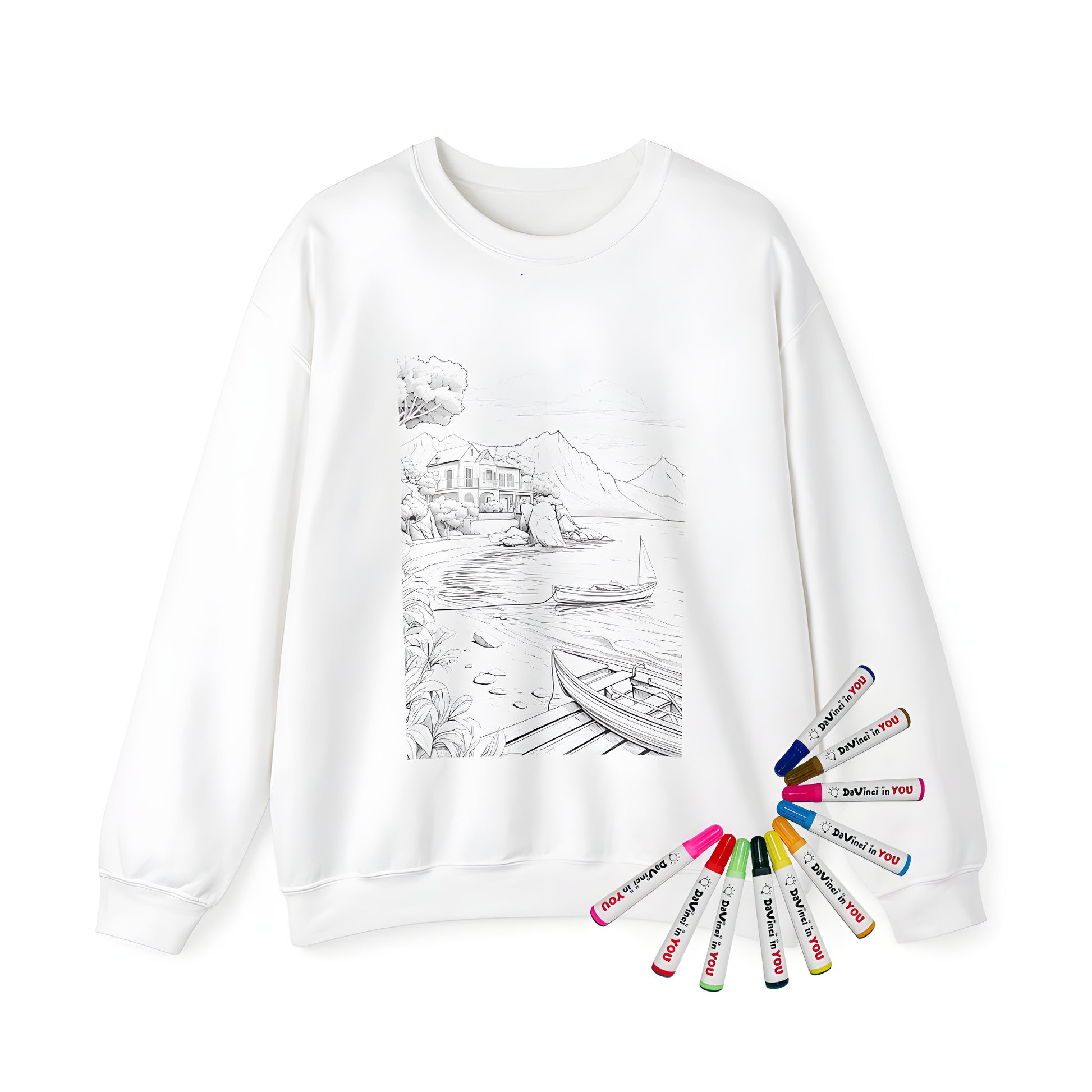 Adult sweatshirt featuring a vibrant beach house scene with boats on the water, surrounded by mountains and trees