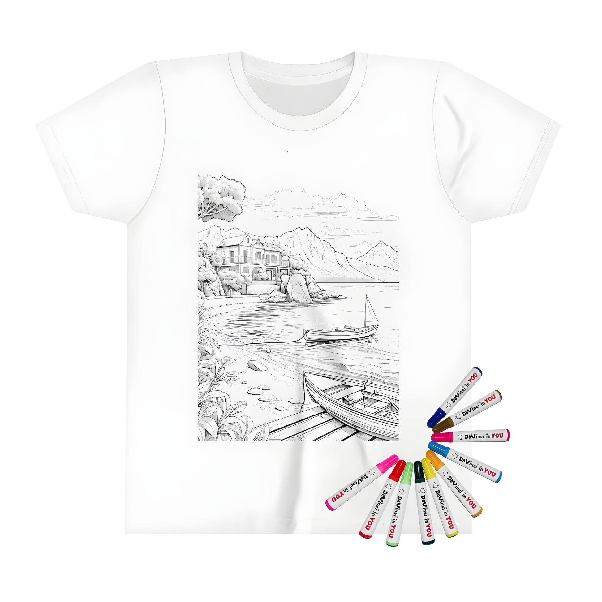 Coloring page design of a kid's t-shirt featuring a detailed black-and-white illustration of a beach house with boats on the water, framed by mountains and trees