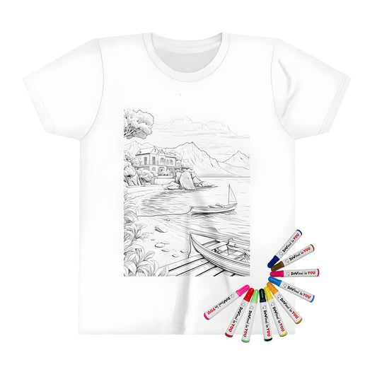 Coloring page design of a kid's t-shirt featuring a detailed black-and-white illustration of a beach house with boats on the water, framed by mountains and trees