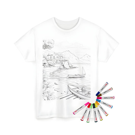 A detailed illustration of a beach house scene on a unisex t-shirt