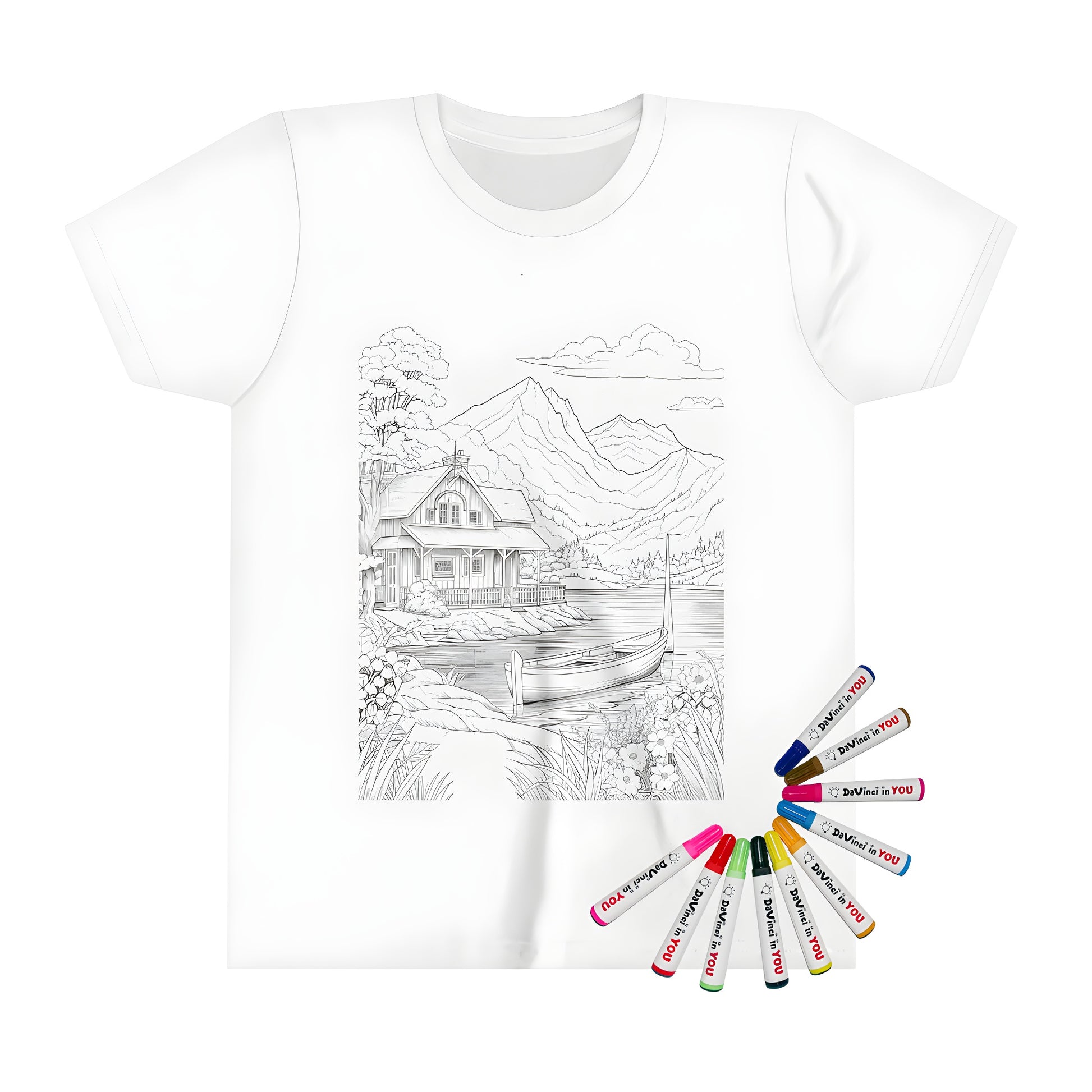 Peaceful cabin lakeside scene coloring kit for kids, featuring a kid's t-shirt with scenic mountain landscape