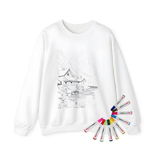 Adult sweatshirt with colorful mountain cabin scene and lake by boat design