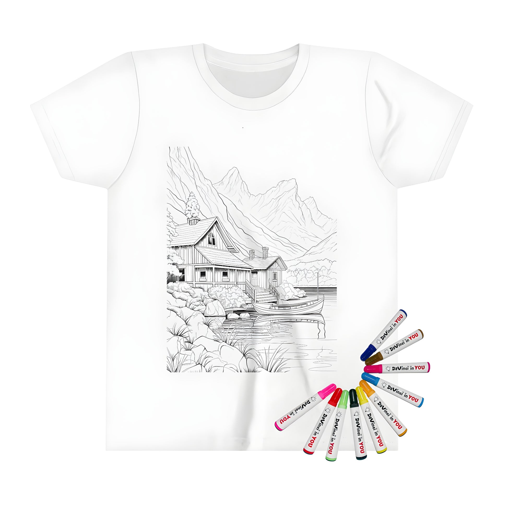 Kid's t-shirt with colorful mountain cabin scene by lake