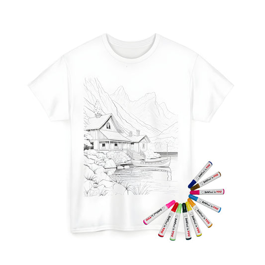 Coloring kit for kids or adults featuring a Unisex T-shirt with a peaceful mountain cabin design by the lake, including a boat, trees, and rocky surroundings.