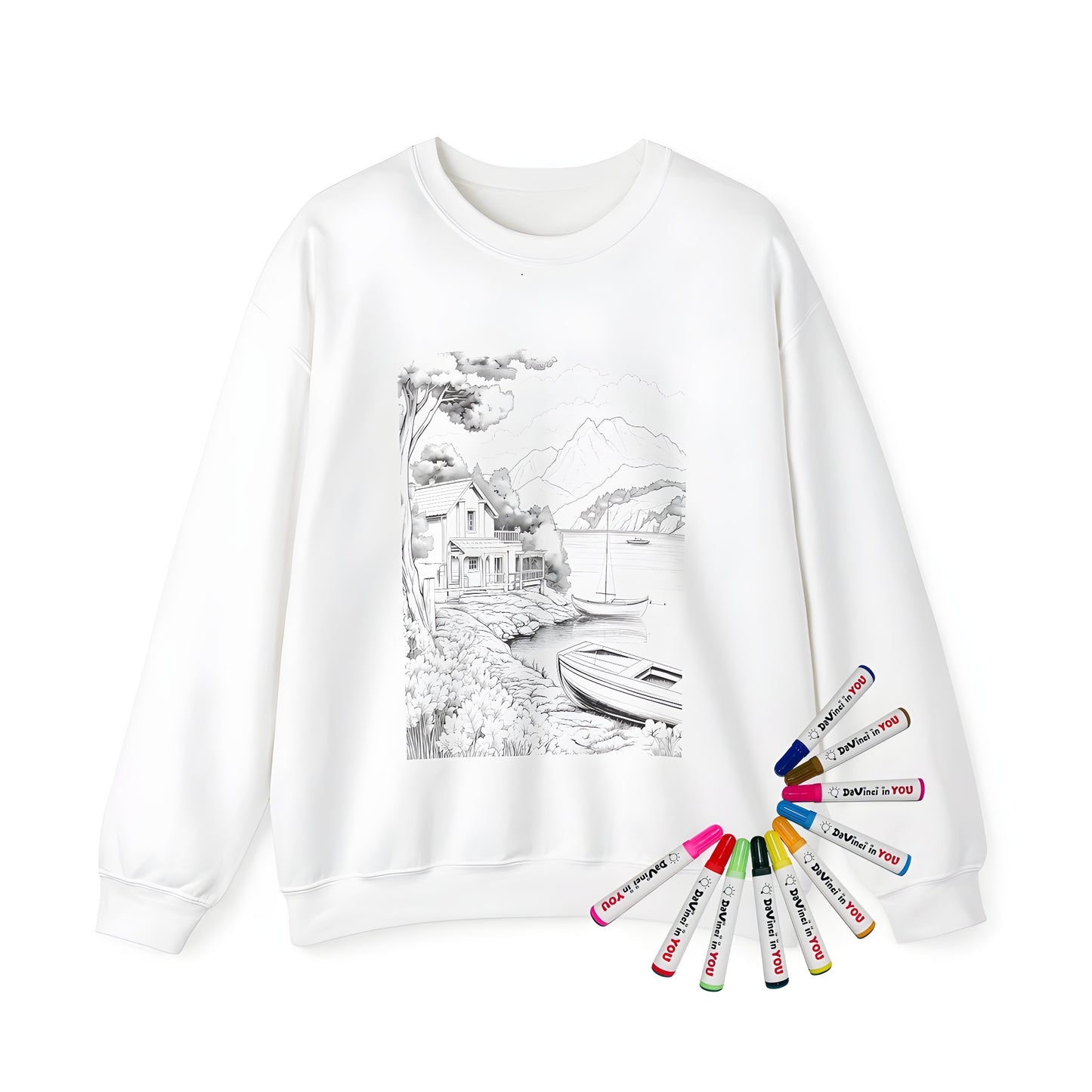 Adult sweatshirt featuring serene lakeside scenery with cozy cabin and boat details