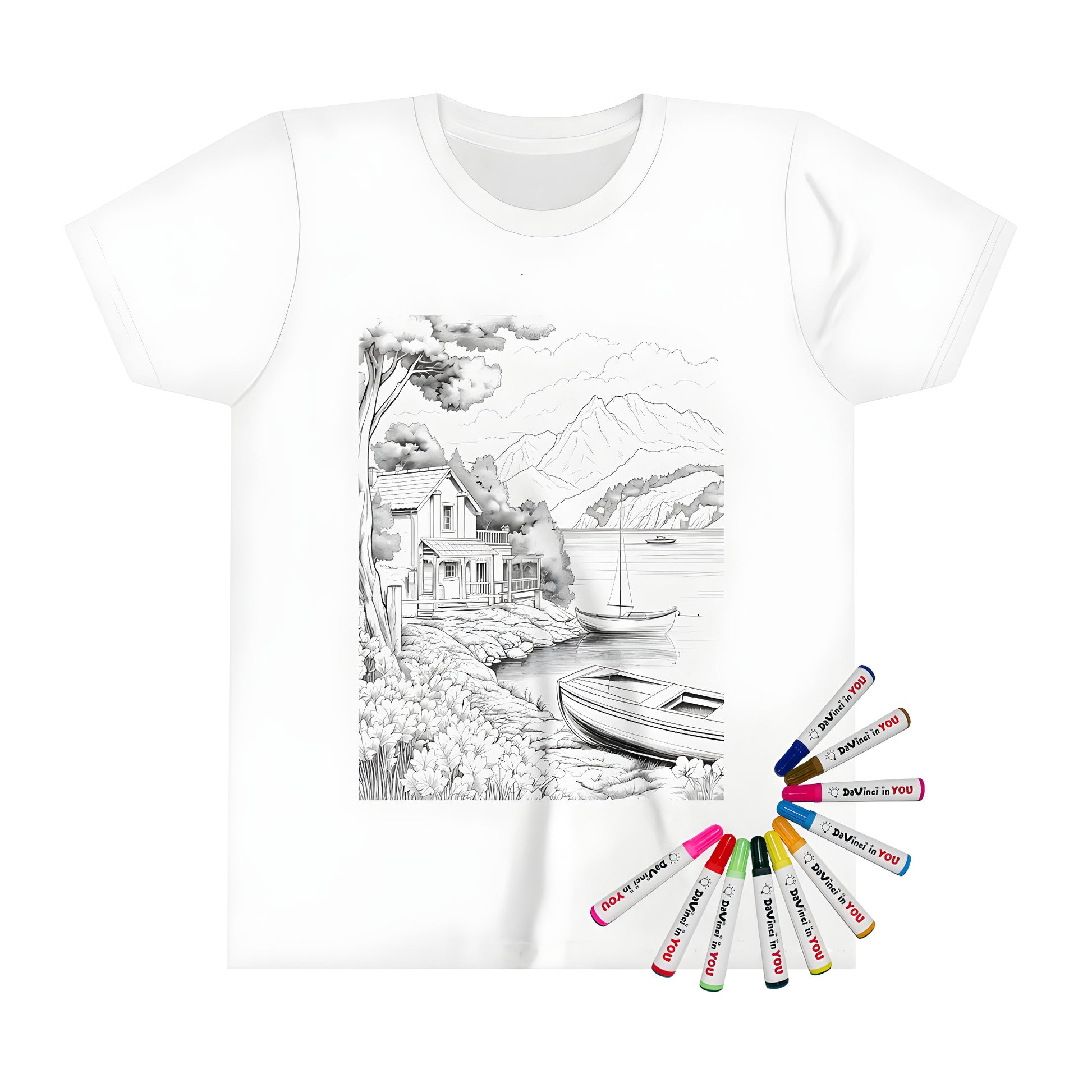 Kid's colorful t-shirt featuring a serene lakeside scene with cabin, boats, trees, flowers, and mountains