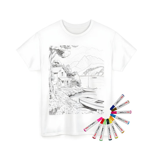 Serene lakeside scenery coloring kit for unisex t-shirts with fabric markers