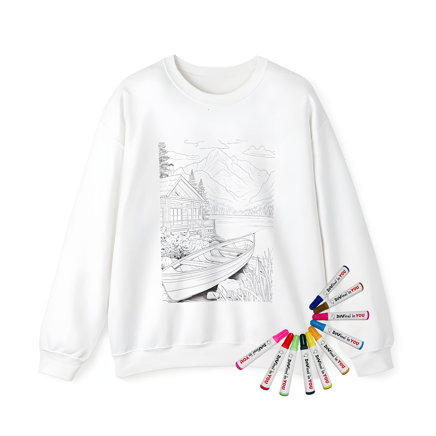 Adult sweatshirt featuring a scenic lakeside cabin scene with a boat, surrounded by trees and mountains