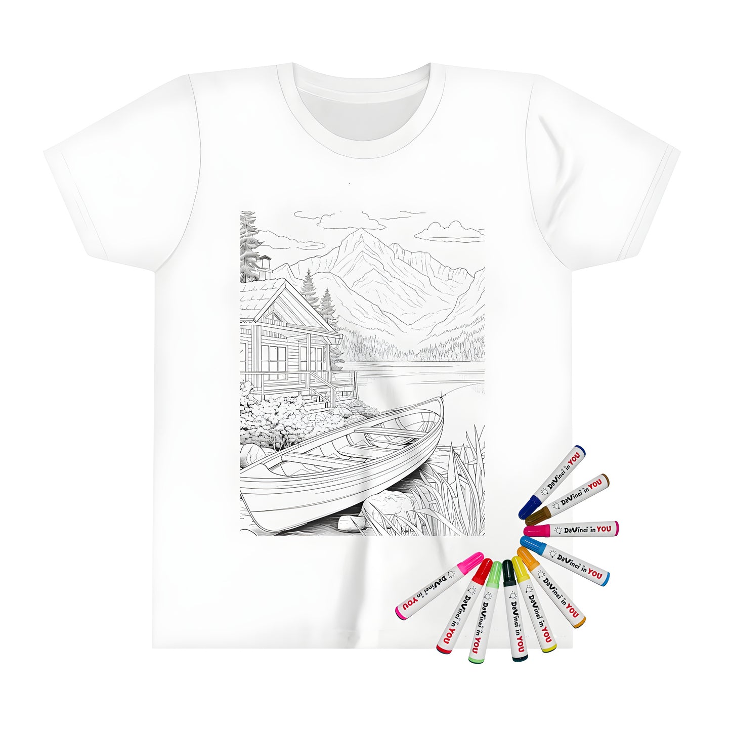 Kid's T-shirt featuring a colorful lakeside cabin scene with trees and mountains