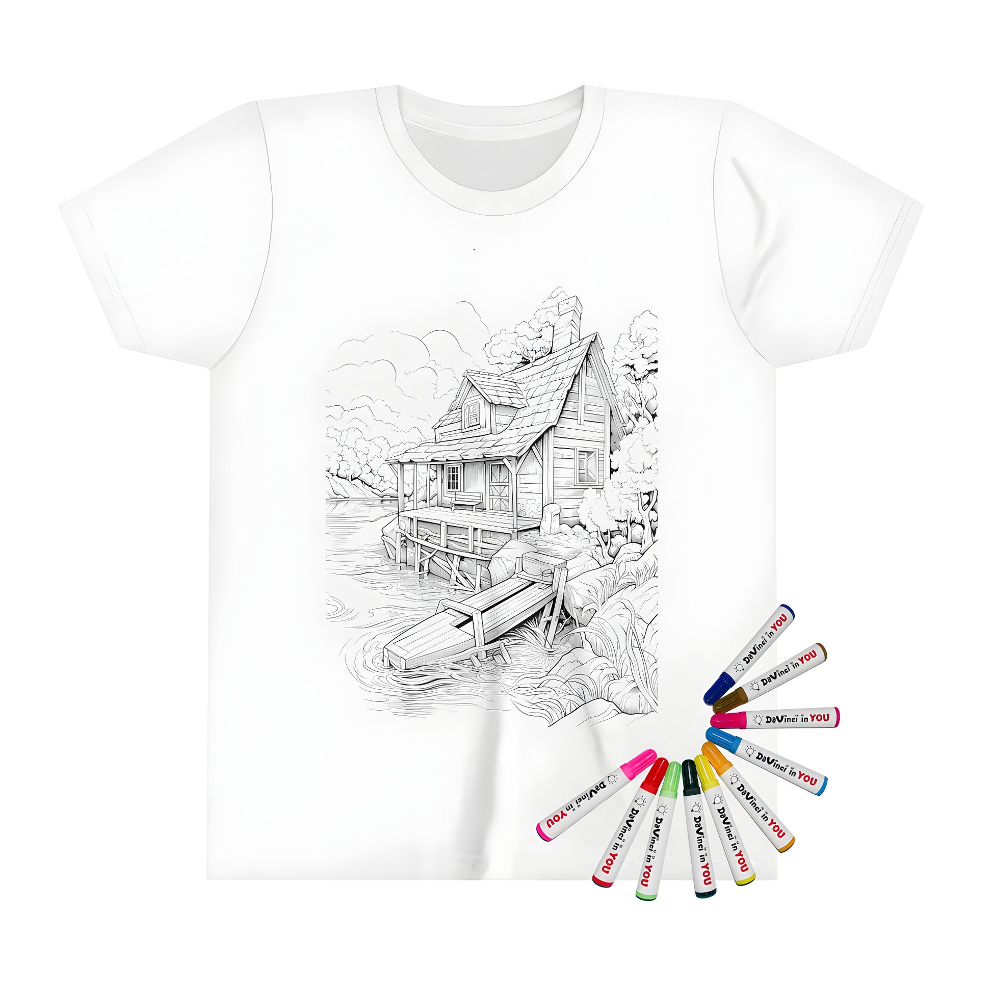 Kids t-shirt featuring a cabin scene by the lake with a dock and boat