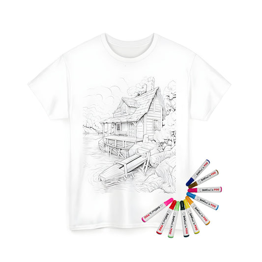 Unisex T-shirt featuring a coloring page design of a cabin scene by a serene lake, complete with a dock, small boat, and lush trees. Perfect for relaxation enthusiasts.