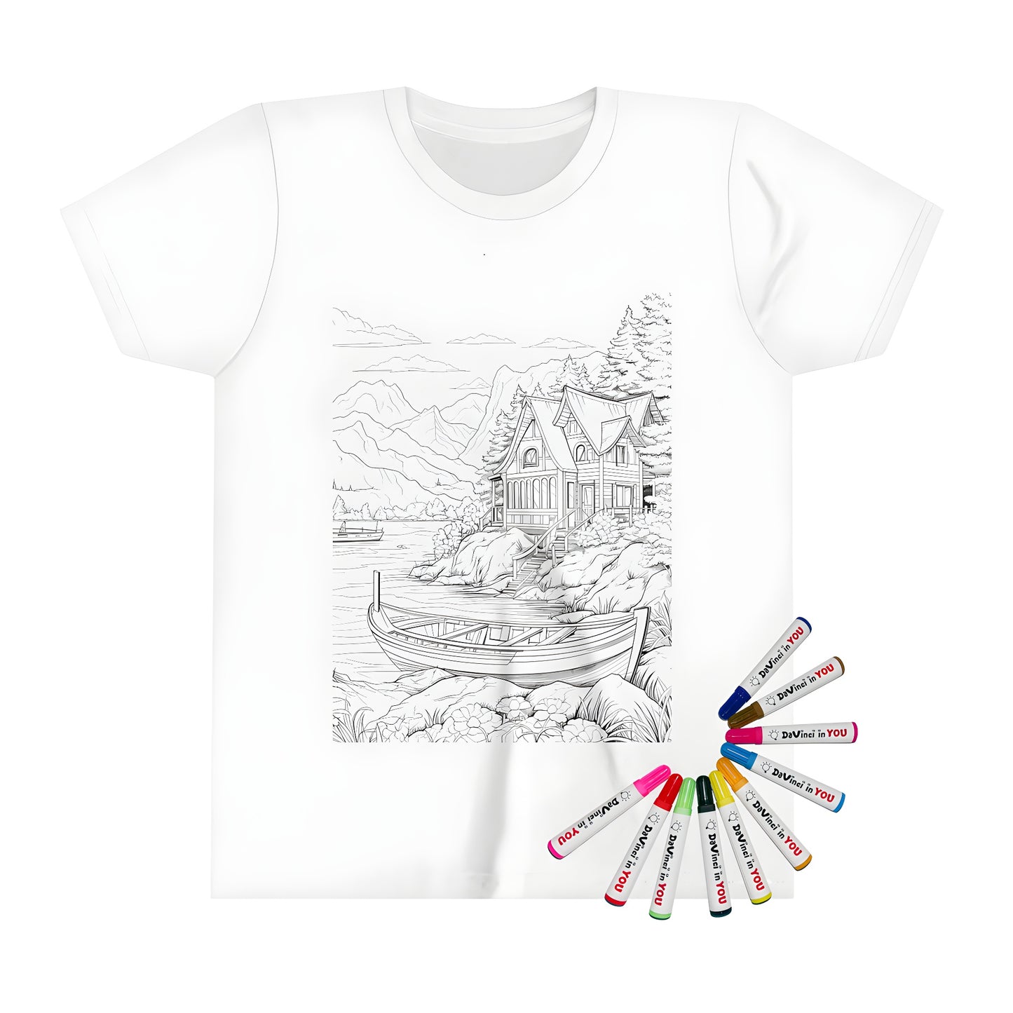 A kid's t-shirt featuring a serene lakeside house scene with a boat, mountains, and trees, perfect for little ones who love nature
