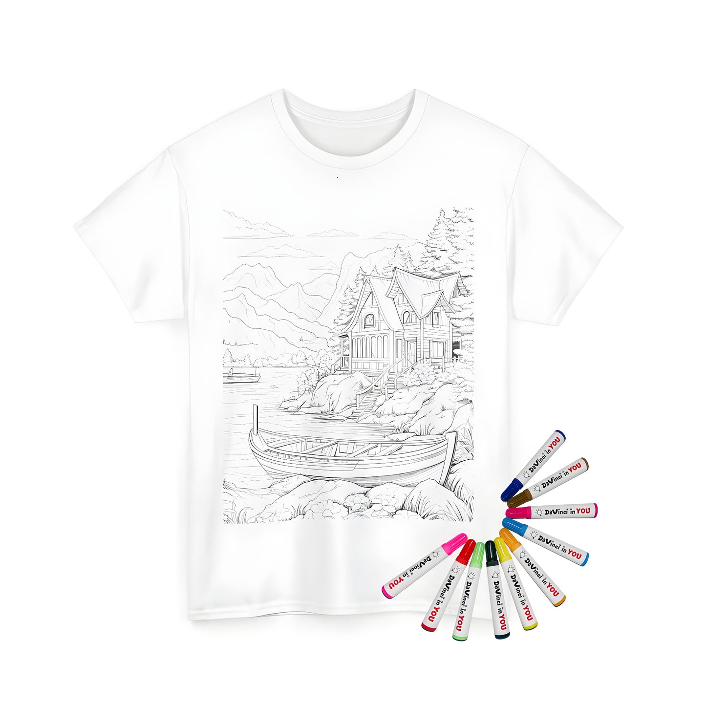 Unisex T-shirt featuring a serene lakeside house design with a boat and nature scenery. Perfect for lake lovers and those who appreciate a cozy atmosphere.