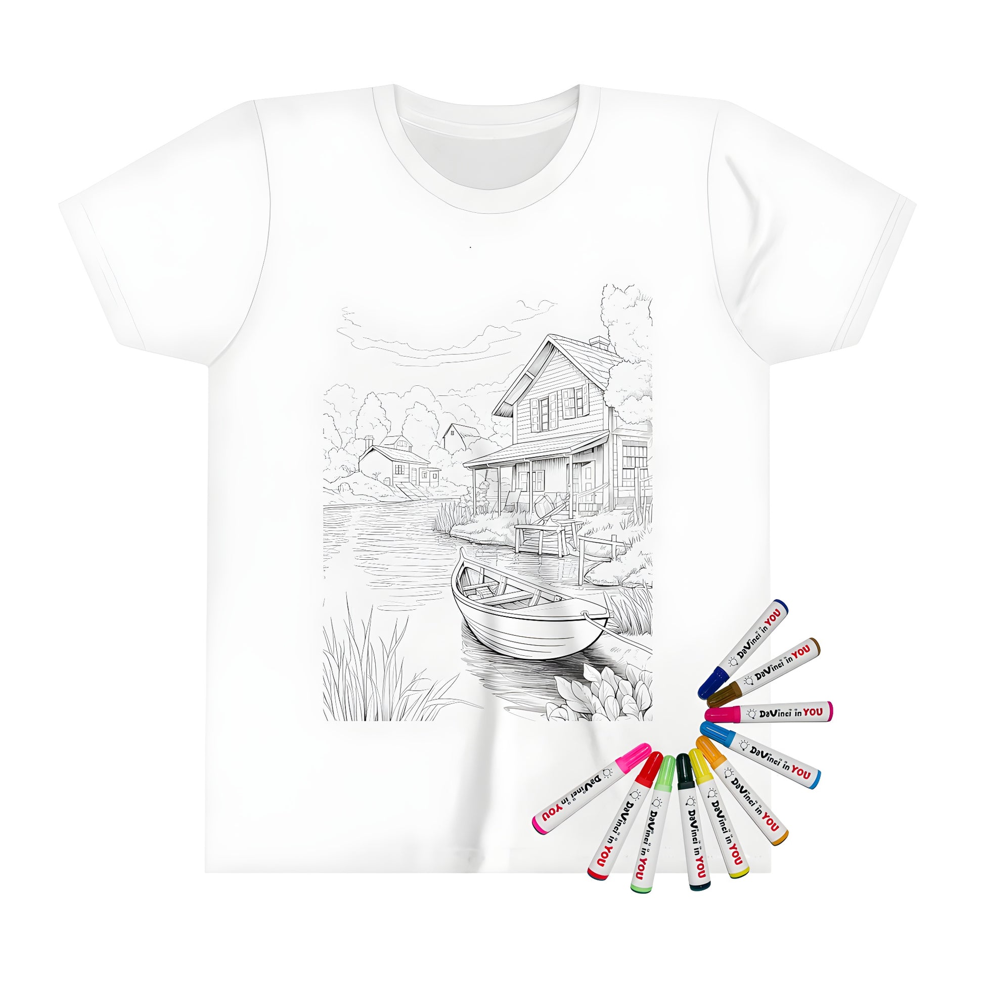 Kid's t-shirt with serene riverside scene design, featuring a house, boat, and nature