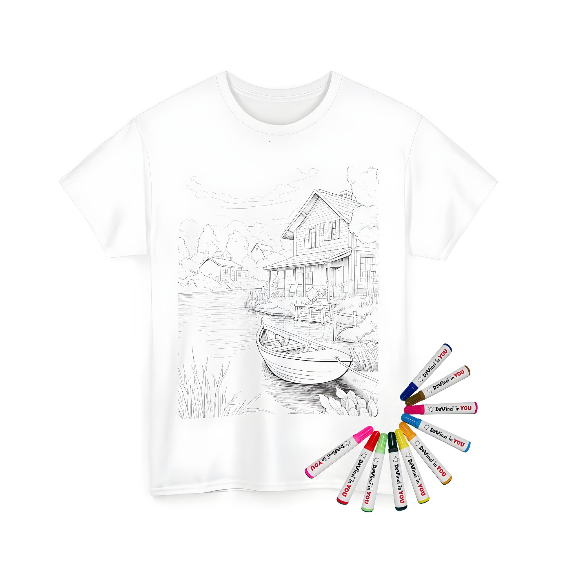 Riverside abode themed unisex t-shirt featuring a serene landscape with a house and boat illustration