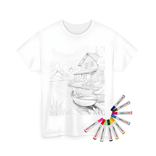 Riverside abode themed unisex t-shirt featuring a serene landscape with a house and boat illustration