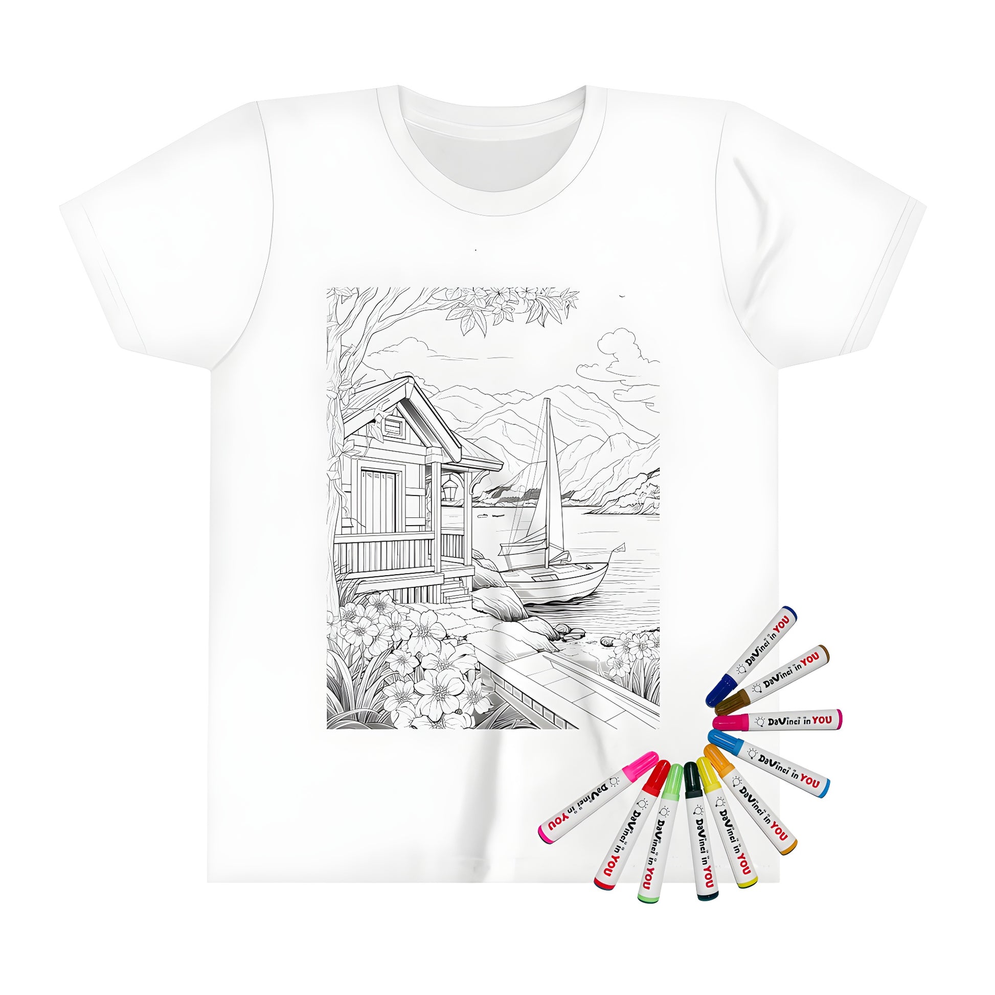 A vibrant lake house themed kids t-shirt for boys or girls featuring a detailed sailboat docked at a serene waterfront scene