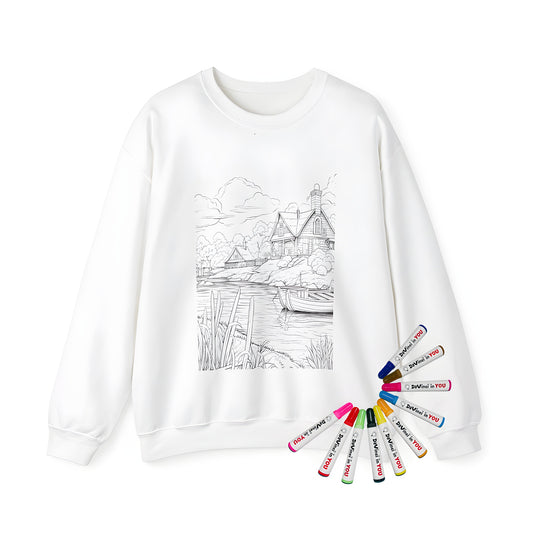 Adult sweatshirt featuring a serene countryside cottage landscape with two charming homes, boats on a calm lake, surrounded by lush trees and green grass, under fluffy white clouds.