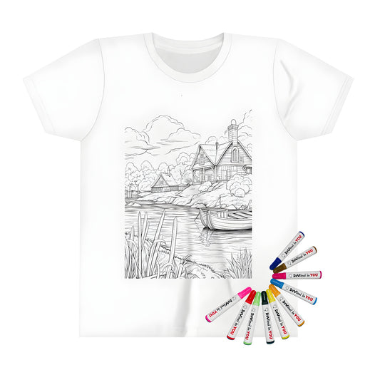 Peaceful countryside cottages t-shirt design with lake view, boats and trees