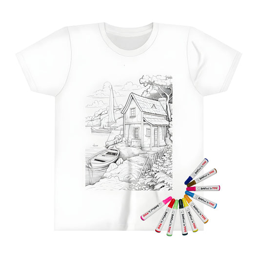 Colorful lakeside cottage scene on a kid's t-shirt with boats and nature