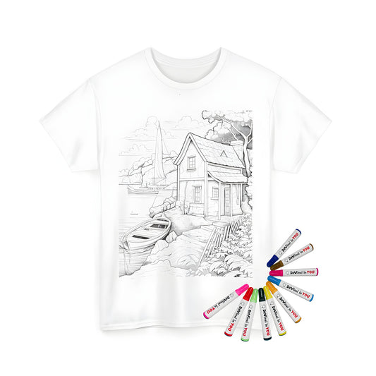 A detailed lakeside cottage scene coloring page on a unisex t-shirt with boats, trees and plants for adults and kids to color