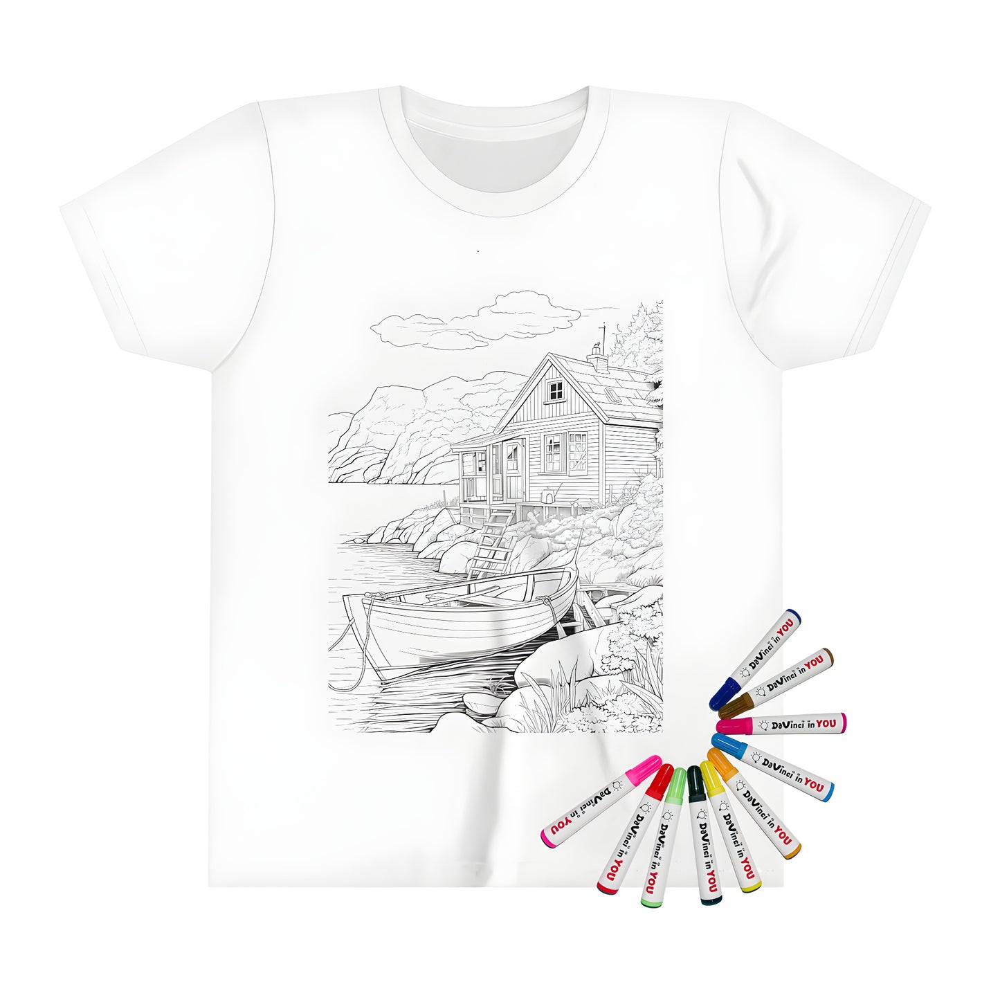 Lakeside cottage themed kid's t-shirt for kids to color and wear