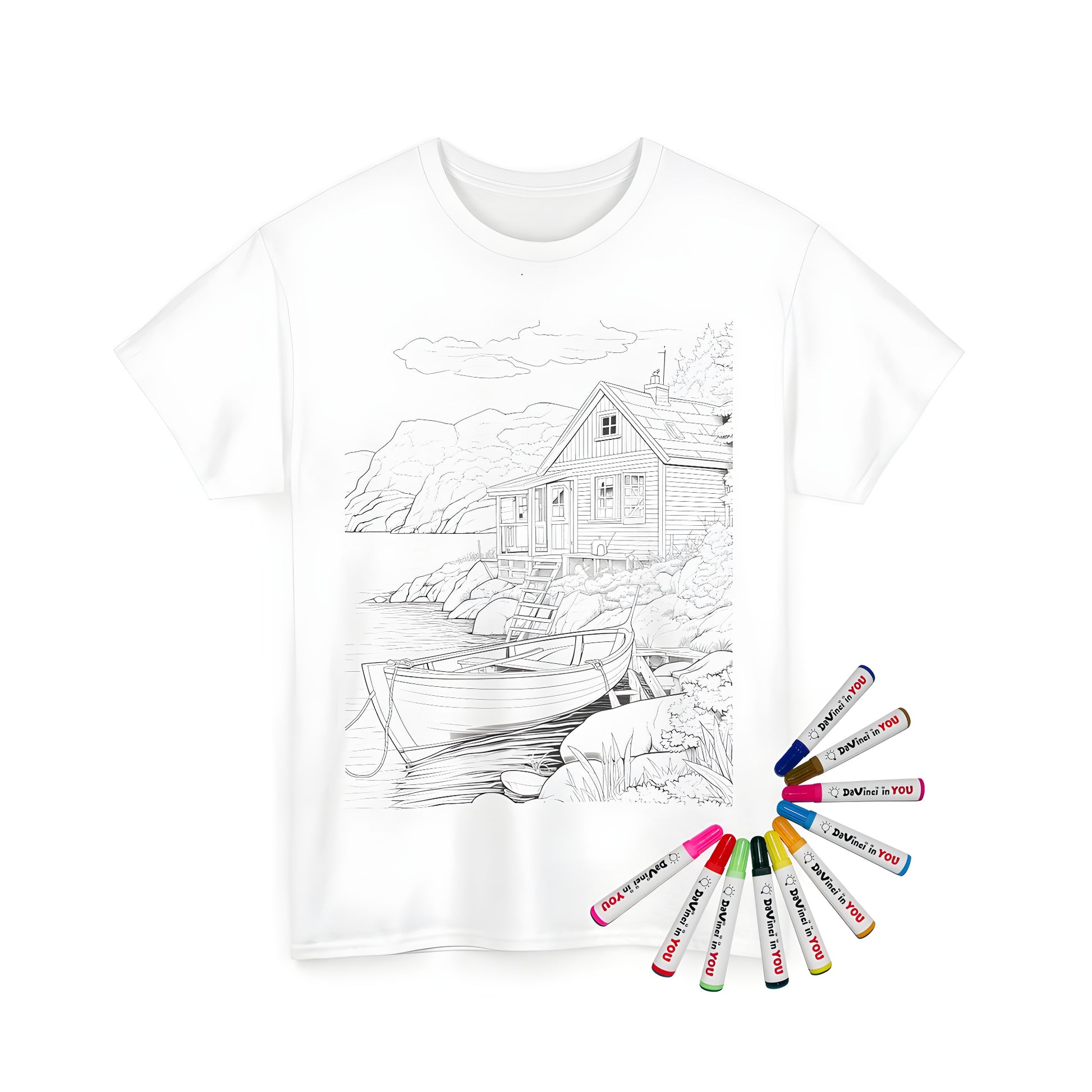 A colorful unisex t-shirt featuring a detailed lakeside cottage coloring page design, perfect for fans of scenic countryside views