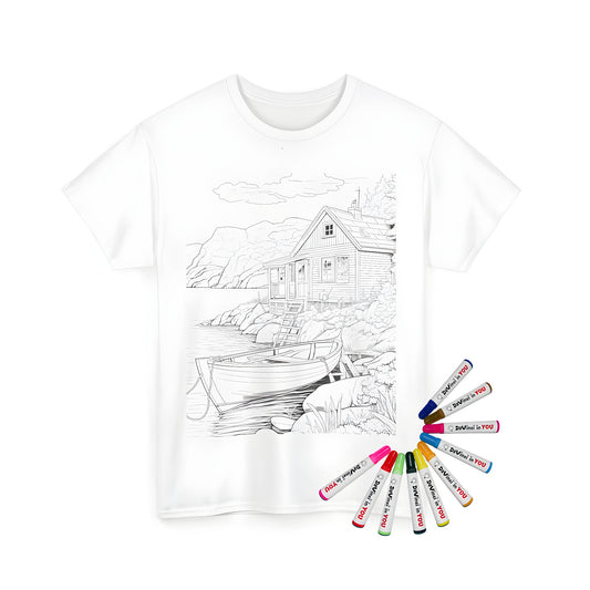 A colorful unisex t-shirt featuring a detailed lakeside cottage coloring page design, perfect for fans of scenic countryside views