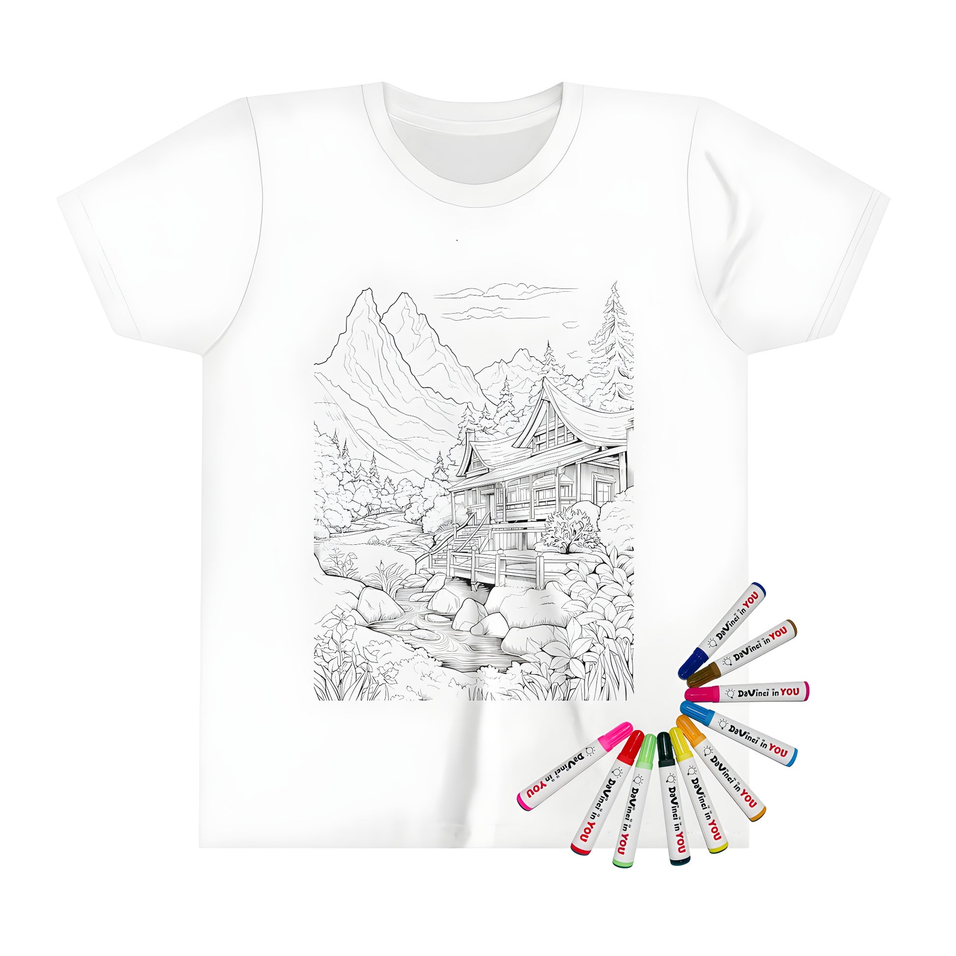 Colorful kid's t-shirt with detailed black-and-white illustration of mountain landscape, serene Japanese-style house, stream, trees and plants