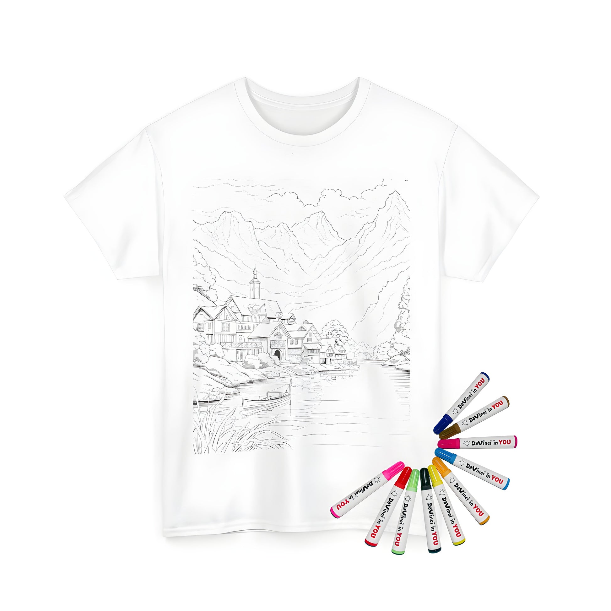 Peaceful mountain scene coloring page on unisex t-shirt