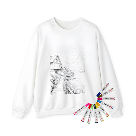 Adult sweatshirt featuring a serene countryside scene with houses by a lake, mountains in the background, and a wooden path